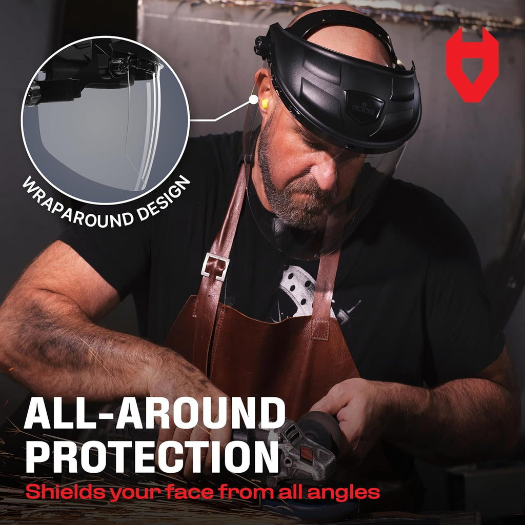 Premium Safety Face Shield for Grinding and Cutting — Clear Anti-Fog, Impact Resistant Visor and Adjustable Headgear — ANSI Z87.1 Certified for Industrial Use — Washable Sweatbands Included