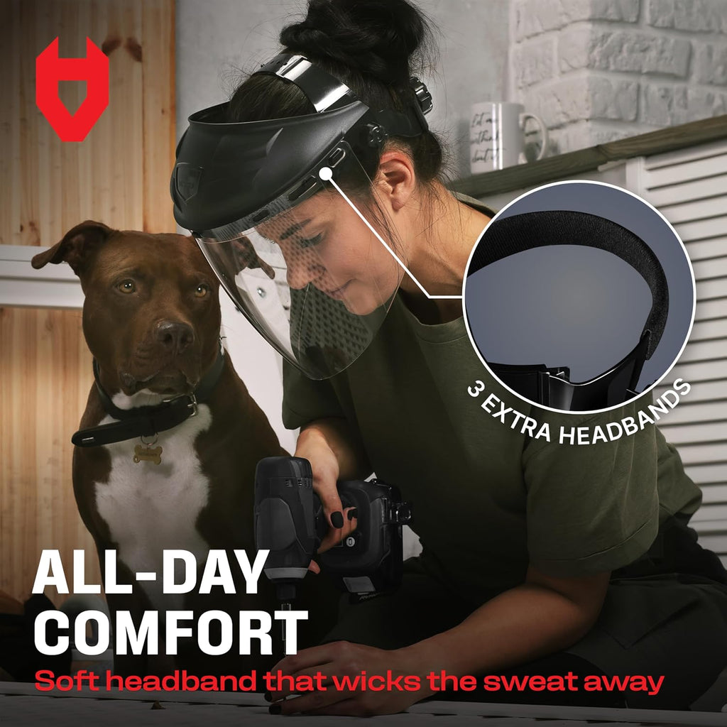 Premium Safety Face Shield for Grinding and Cutting — Clear Anti-Fog, Impact Resistant Visor and Adjustable Headgear — ANSI Z87.1 Certified for Industrial Use — Washable Sweatbands Included