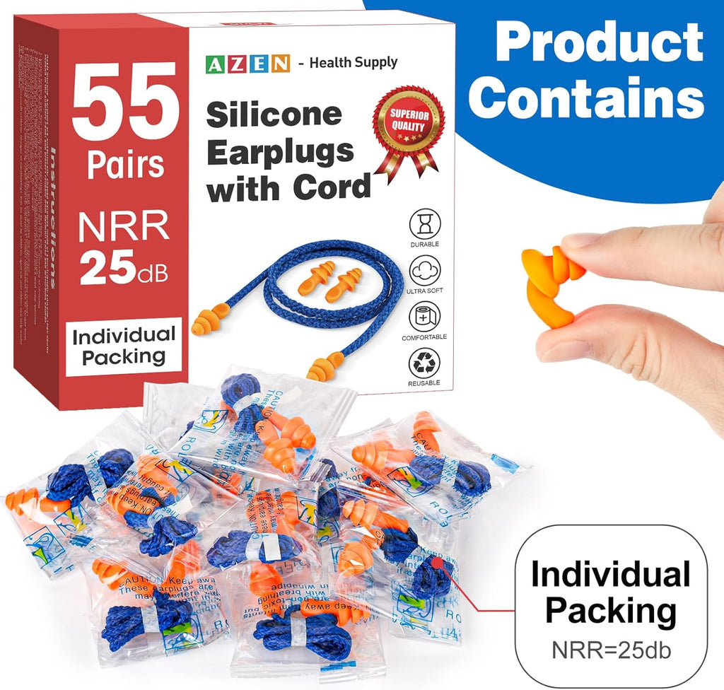 55 Pairs Silicone Ear Plugs, Reusable Earplugs for Noise Reduction, 25Db NRR Corded Ear Plug for Sleeping Noise Cancelling, Ear Plug with String Individual Packing