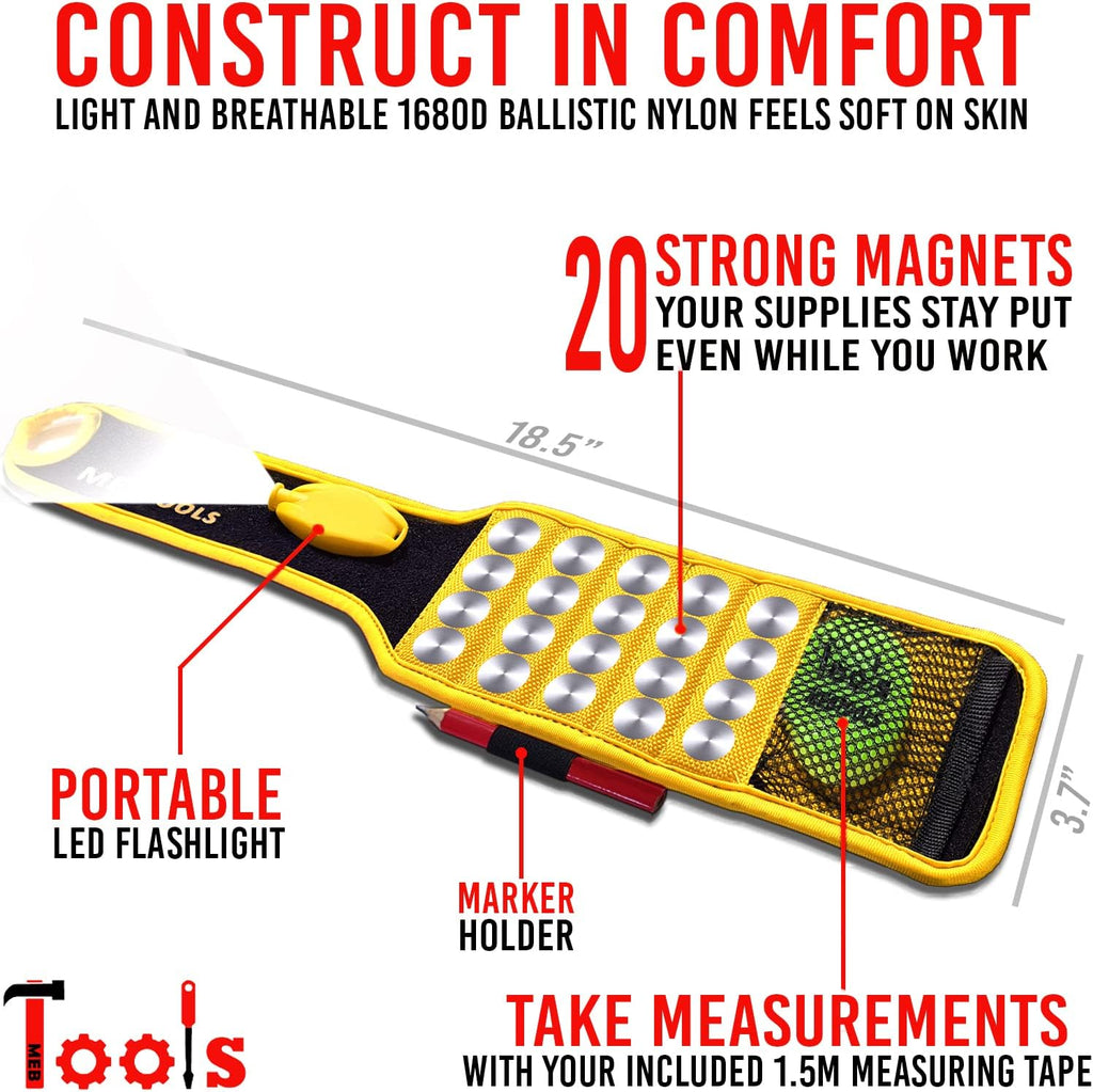 Magnetic Wristband with Flashlight and Tape Measure – Screw, Drill Bit, and Nail Holder with 20 Strong Magnet Pieces Increases Convenience for DIY, Carpenters, Mechanics, and More by