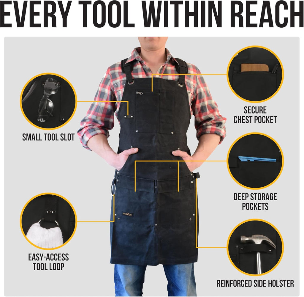 Ecozen Waxed Canvas Welding Apron with Kevlar Thread - Heat and Chemical Resistant, Fully Adjustable to Comfortably Fit Men and Women, 27 X 34 Inches, Heavy Duty Tool Apron - Black, Size S to XXL