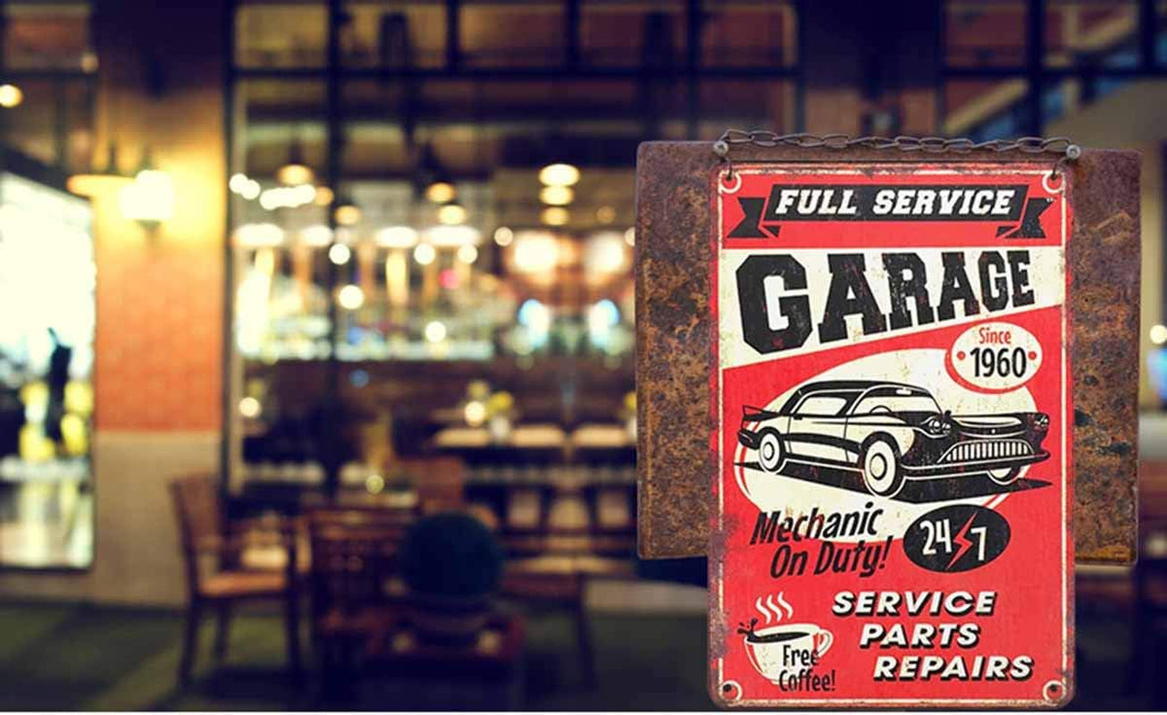 Full Service Garage Tin Sign,Mechanic on Duty 24-7 Car Service Parts Repairs and Drink Coffee Vintage Metal Tin Signs for Cafes Bars Pubs Shop Wall Decorative Funny Retro Signs 8X12 Inch