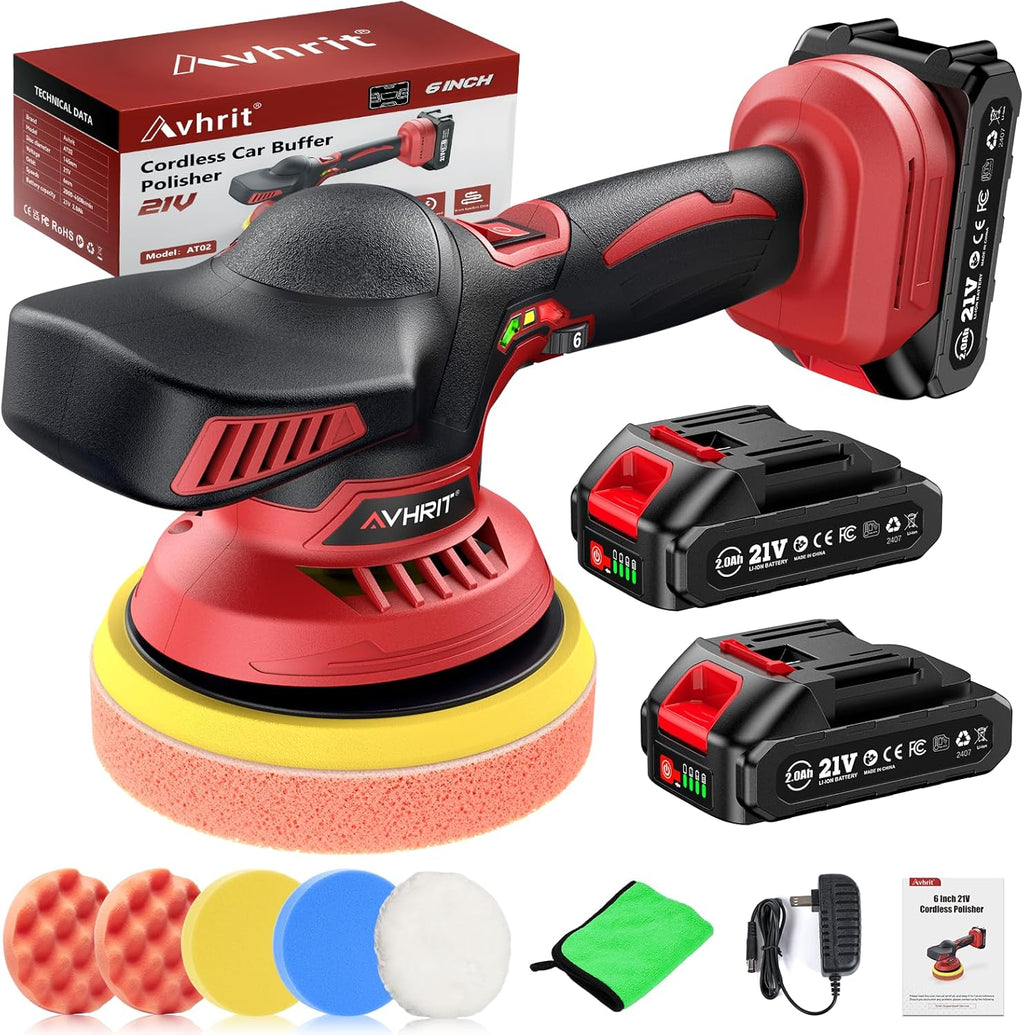 Cordless Car Buffer Polisher Kit W/ 2X2000Mah 21V Batteries, 6 Inch Car Buffer Waxer Kit W/ 6 Variable Speed & Extra 10 PCS Attachments, Polisher for Car Detailing,Boat Sanding,Scratch Removing