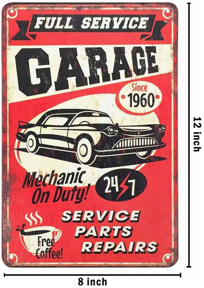 Full Service Garage Tin Sign,Mechanic on Duty 24-7 Car Service Parts Repairs and Drink Coffee Vintage Metal Tin Signs for Cafes Bars Pubs Shop Wall Decorative Funny Retro Signs 8X12 Inch