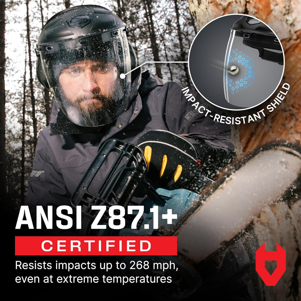 Premium Safety Face Shield for Grinding and Cutting — Clear Anti-Fog, Impact Resistant Visor and Adjustable Headgear — ANSI Z87.1 Certified for Industrial Use — Washable Sweatbands Included