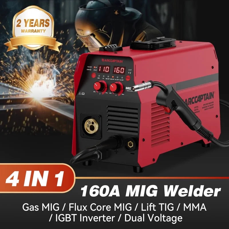 4-In-1Mig Welder, 160A Welder Machine 110V 220V, Flux Core Mig/Gas Mig/Lift TIG /Stick Welding Machine with Synergy, Multiprocess Gas MIG Welder Equipment