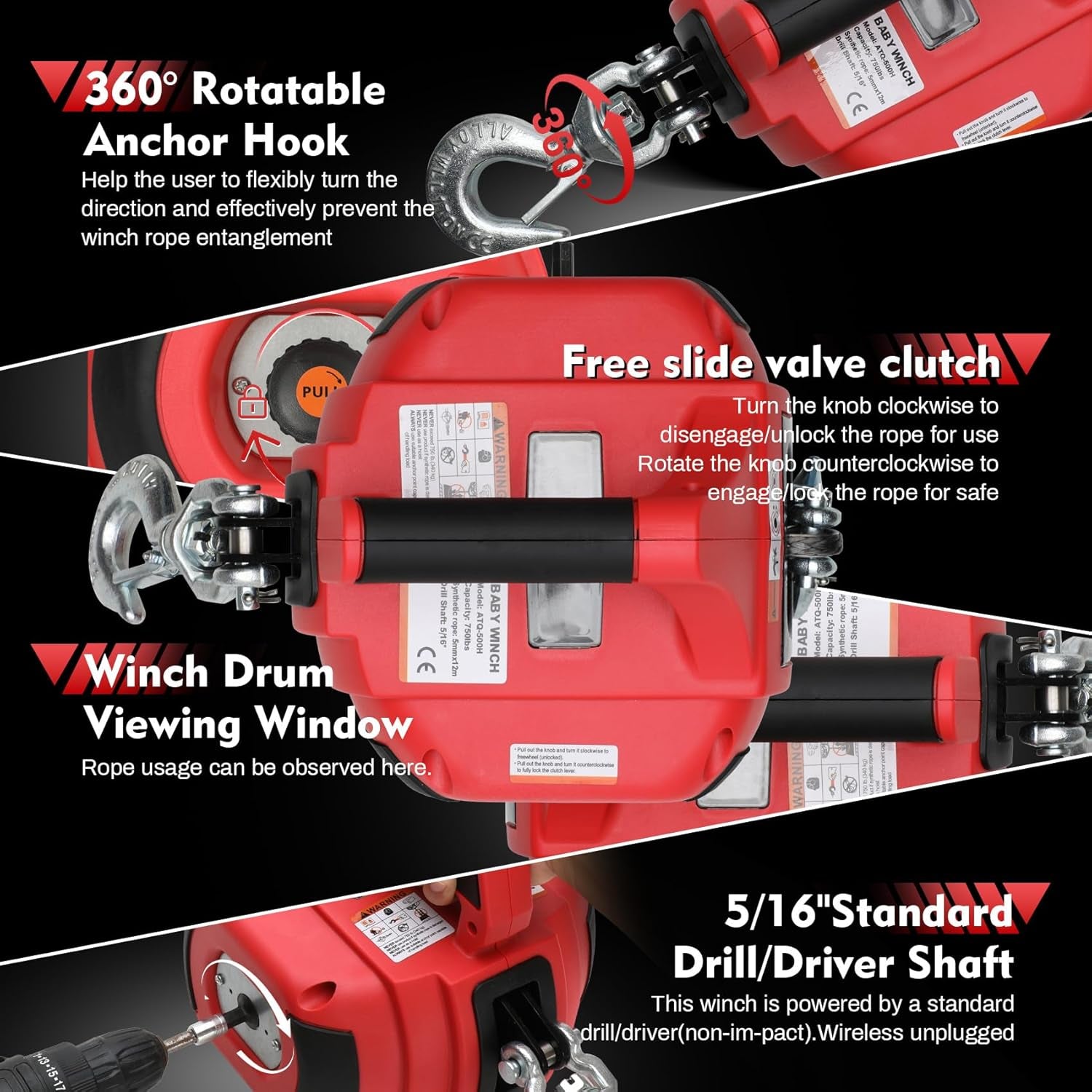 Portable Drill Winch of 1000 Lbs, Red Handheld Drill Winch with 40 Foot Synthetic Rope, Rotate the Hook 360 Degrees, for Lifting & Dragging(Red)