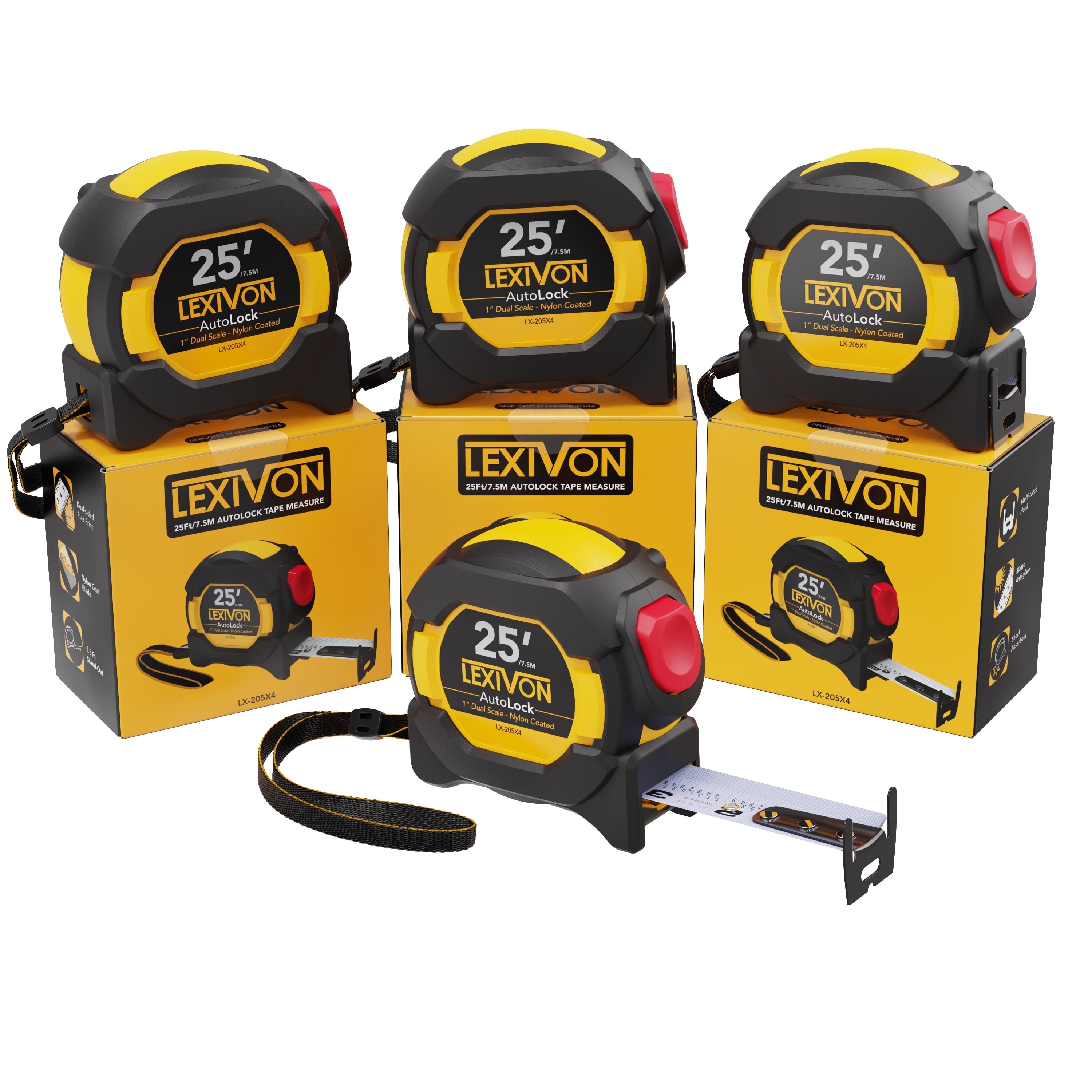 4-Pack 25Ft Tape Measure, Autolock, 1-Inch Blade (LX-204X2)