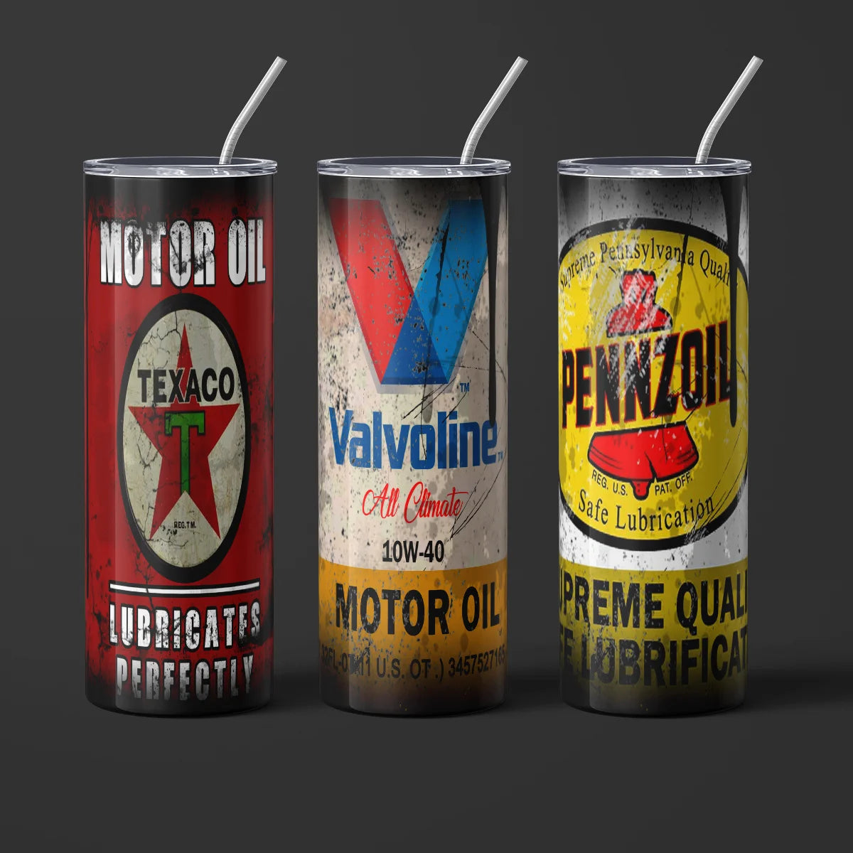 Stylish 20Oz Stainless Steel Tumblers with Iconic Texaco, Valvoline & Pennzoil Motor Oil Designs – Perfect for Hot & Cold Drinks!
