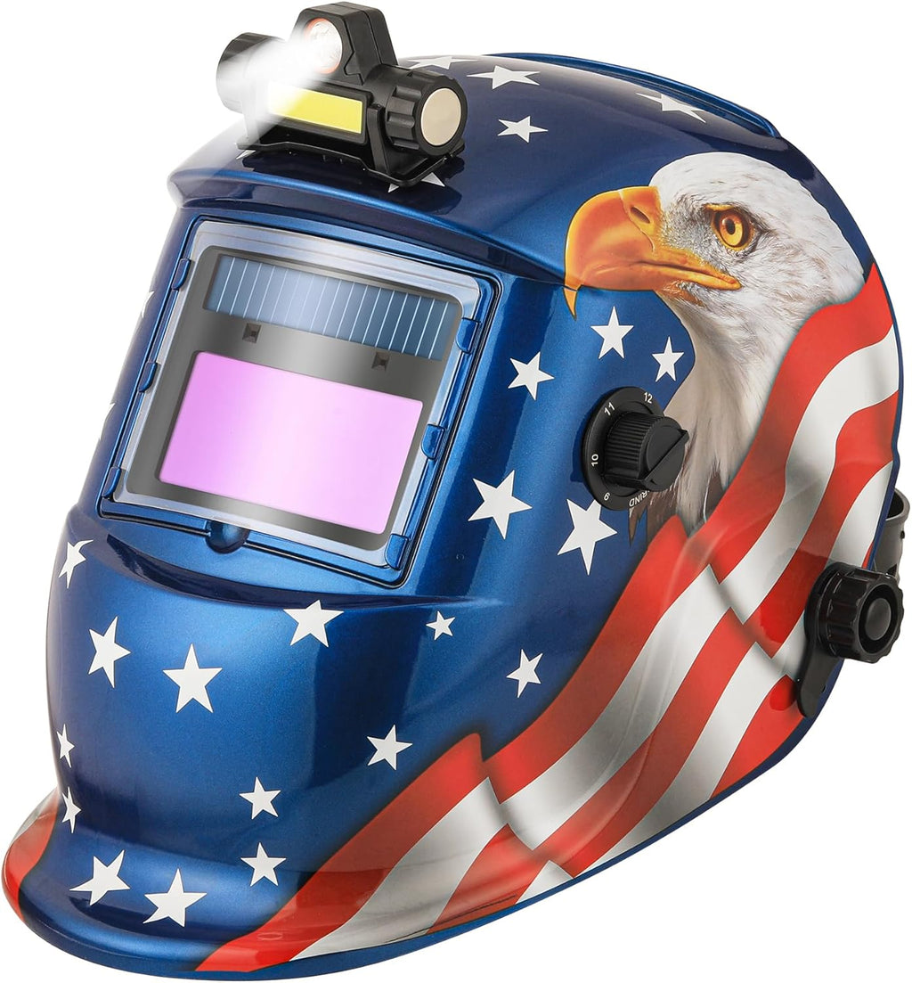 WR01A Welding Helmet Auto Darkening with LED Light True Color Solar Powered Welder Hood with Adjustable Shade Range 4/9-13 for Mig Tig Arc Welding Mask (Blue Eagle II)
