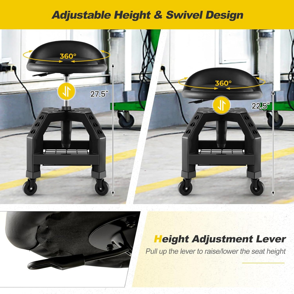 Rolling Garage Stool, 22.5”-27.5” Adjustable Mechanic Chair with Padded Seat, 330LBS Capacity, Tool Tray, Heavy Duty Creeper Seat, 360° Swivel Shop Stool for Workshop