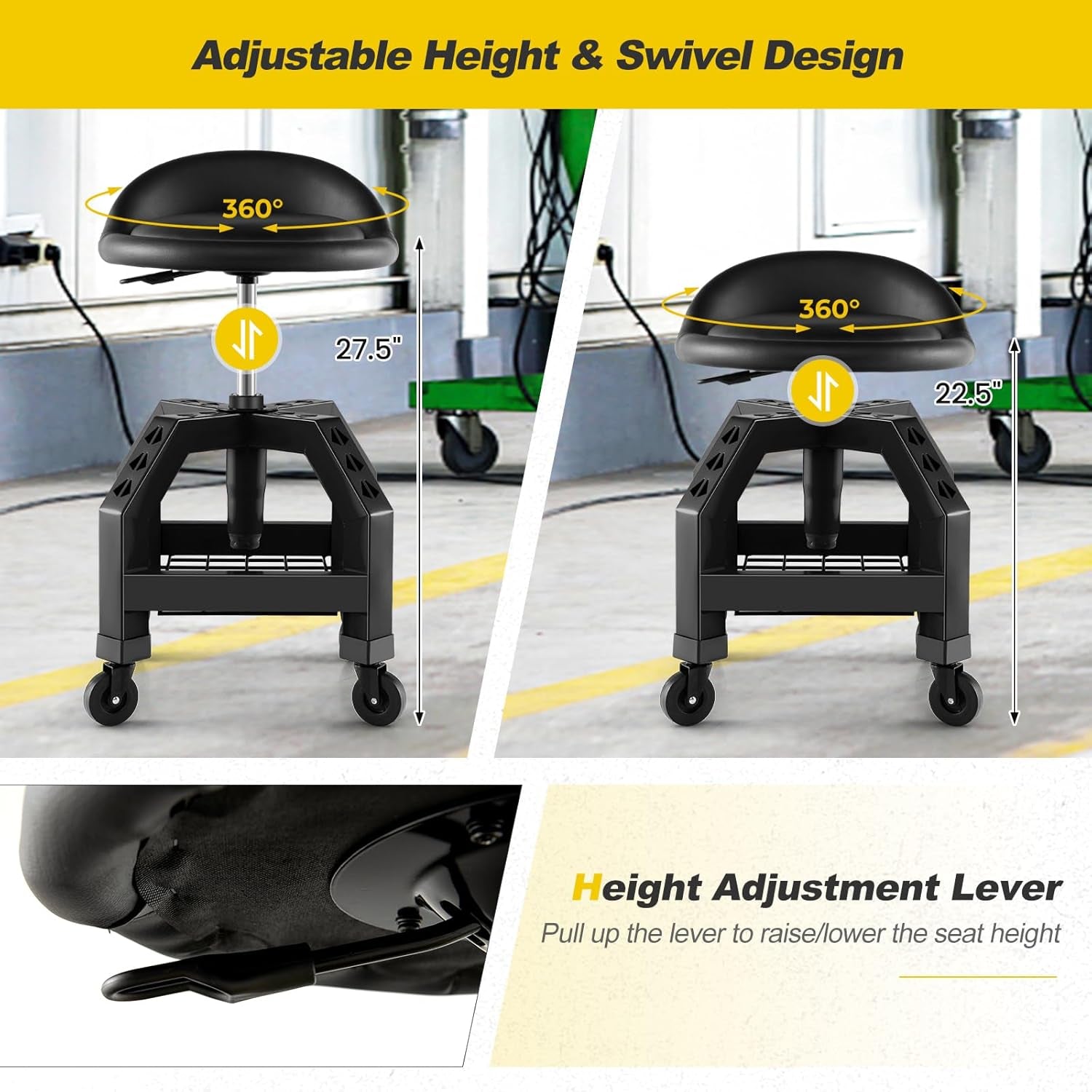 Rolling Garage Stool, 22.5”-27.5” Adjustable Mechanic Chair with Padded Seat, 330LBS Capacity, Tool Tray, Heavy Duty Creeper Seat, 360° Swivel Shop Stool for Workshop