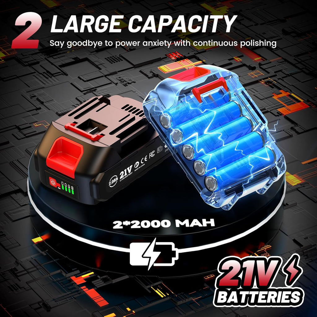 Cordless Car Buffer Polisher Kit W/ 2X2000Mah 21V Batteries, 6 Inch Car Buffer Waxer Kit W/ 6 Variable Speed & Extra 10 PCS Attachments, Polisher for Car Detailing,Boat Sanding,Scratch Removing