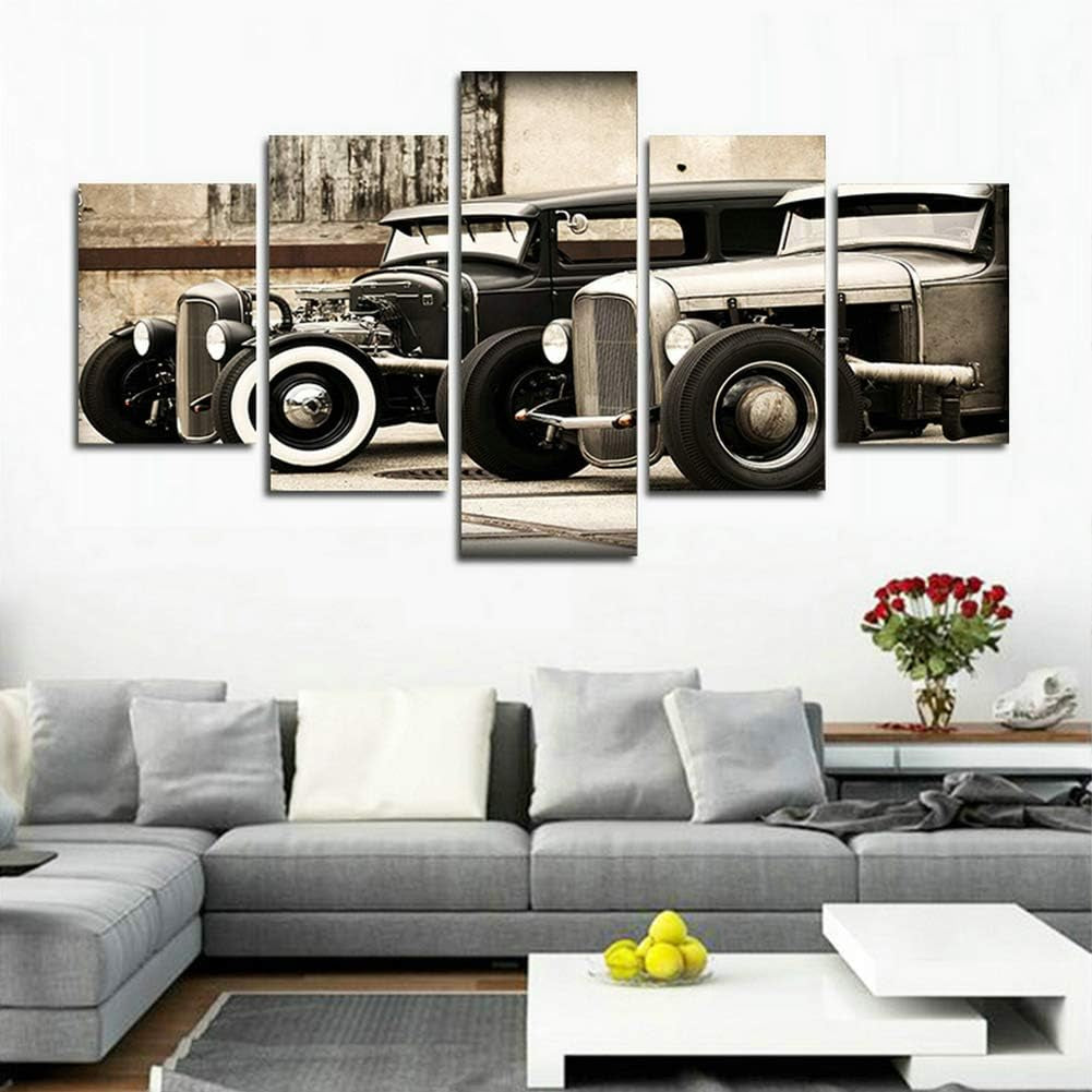 Modular Poster HD Printed Canvas Painting Frames for Living Room Wall Art 5 Pieces Hot Rod Vintage Car Pictures Home Decor(40" W X 20" H, Framed)