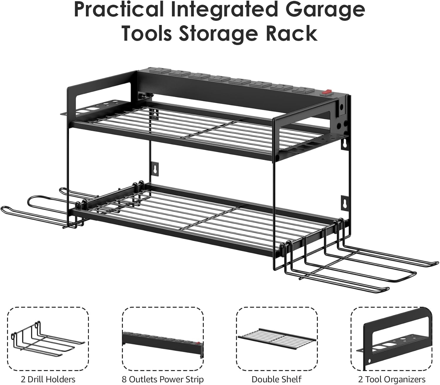 Garage Tools Storage with Charging Station. Power Tool Battery Organizer Utility Shelf with Power Strip. 4 Drills Holder Wall Mount Rack, Black.