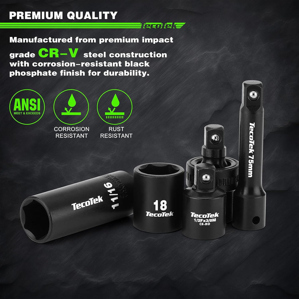 3/8" Drive Impact Socket Set, 49-Piece SAE (5/16"-3/4") and Metric (8Mm-22Mm), 6 Point, Cr-V, Extension Bars, 1/2" F to 3/8" M Reducer, Universal Joint and Power Drill Adapter