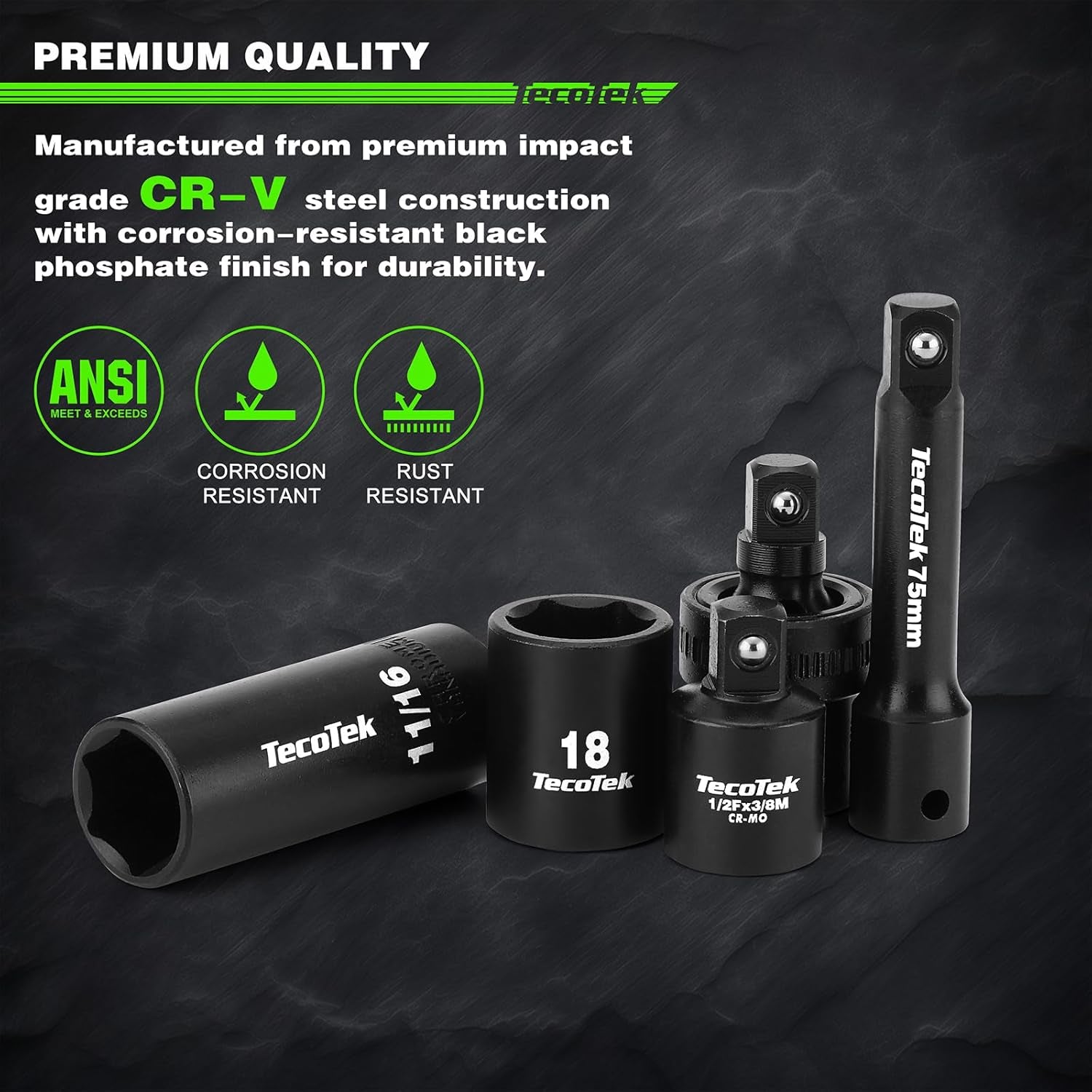 3/8" Drive Impact Socket Set, 49-Piece SAE (5/16"-3/4") and Metric (8Mm-22Mm), 6 Point, Cr-V, Extension Bars, 1/2" F to 3/8" M Reducer, Universal Joint and Power Drill Adapter