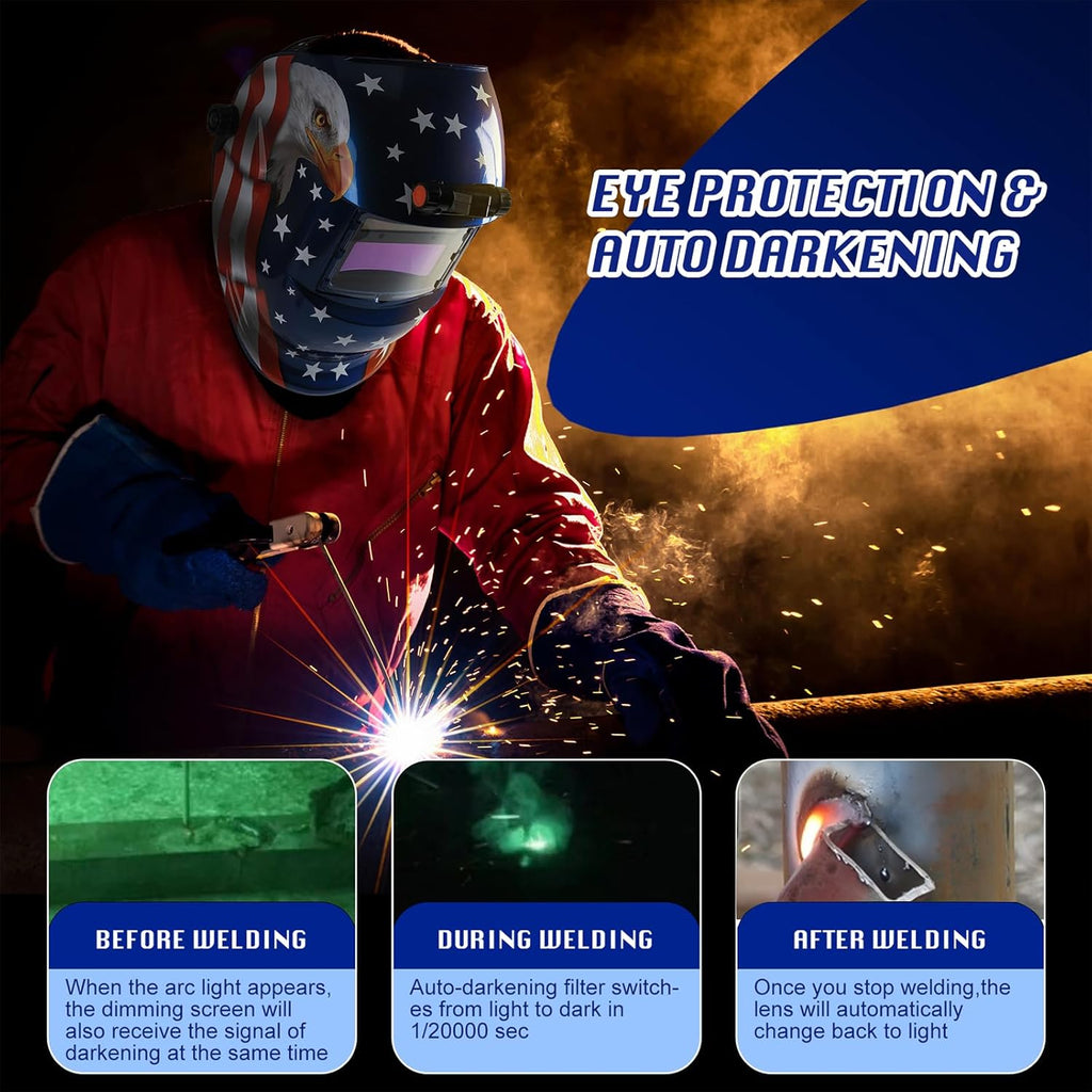 WR01A Welding Helmet Auto Darkening with LED Light True Color Solar Powered Welder Hood with Adjustable Shade Range 4/9-13 for Mig Tig Arc Welding Mask (Blue Eagle II)
