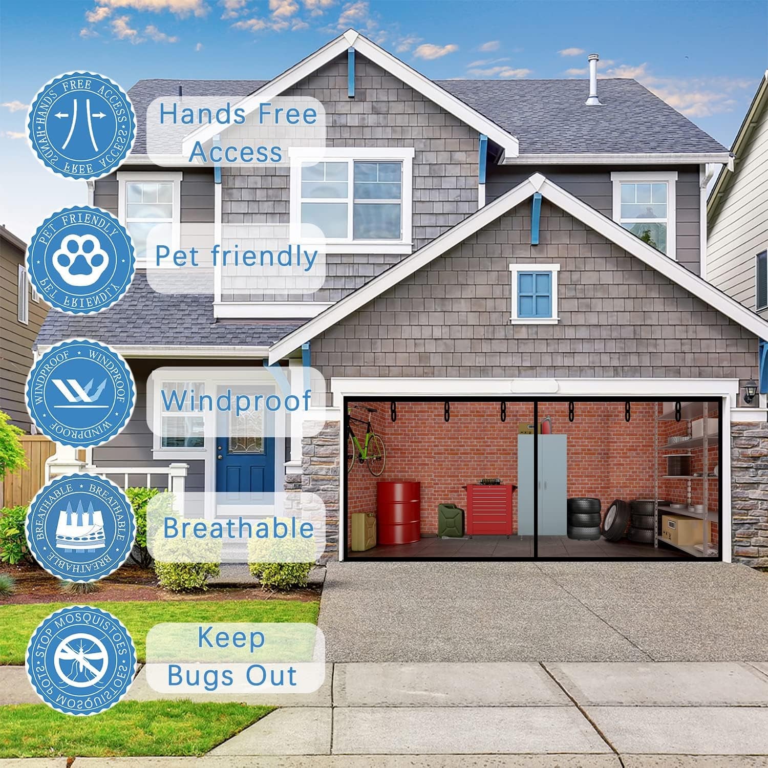 Magnetic Garage Screen Door 16X7Ft for 2 Car Garage Doors - Fiberglass Garage Screen Cover Kit Garage Door Curtain,Stronger High Energy Magnets,Hands Free Magnetic Screen Door (A-16 * 7FT)