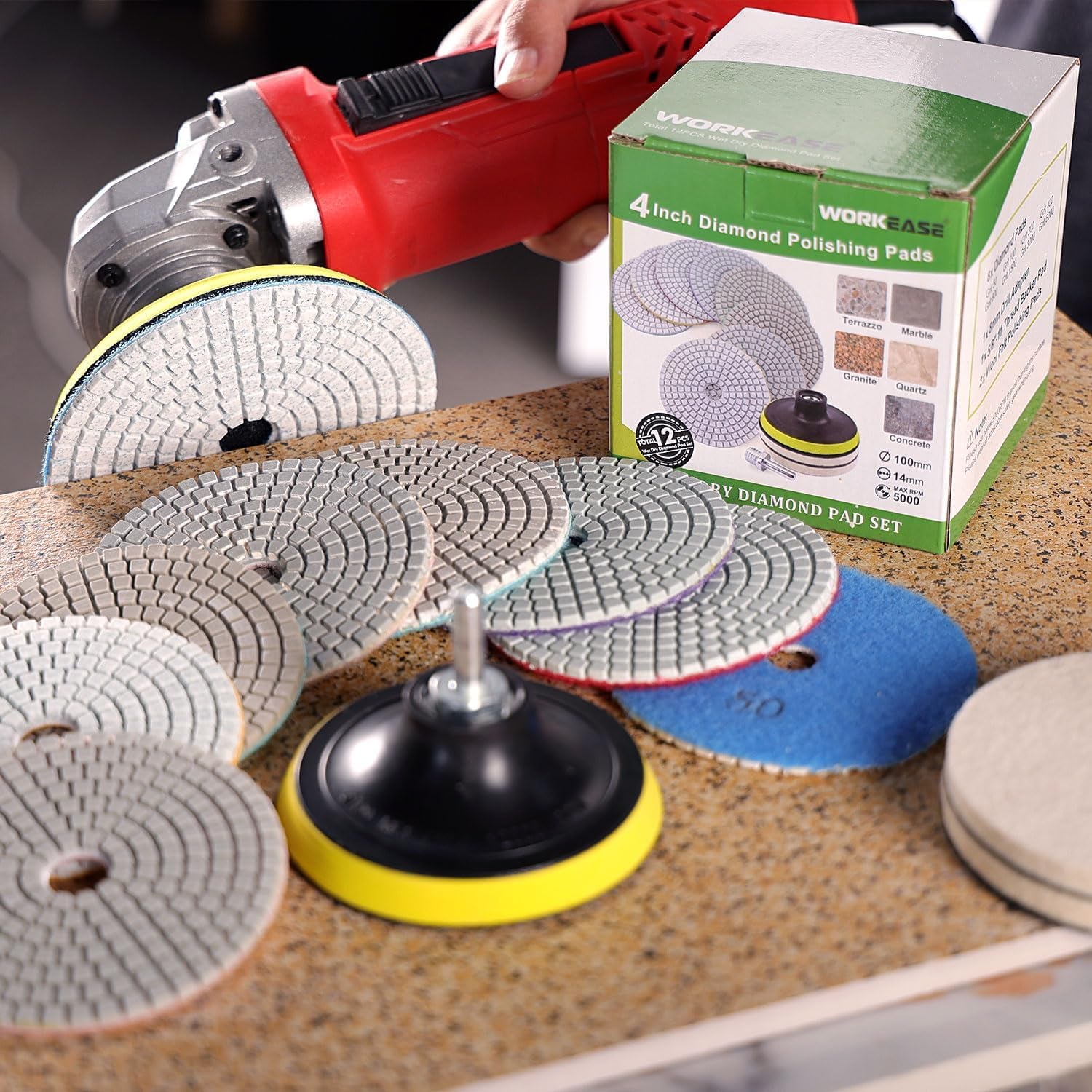 4 Inch Diamond Polishing Pads with 5/8’’-11 Backer Pad, 12PCS Wet/Dry Granite Stone Polish Pad Kit for Drill, Grinder, Polisher, 50-6000 Grit Polishing Pad for Concrete Marble Rock Countertop Quartz