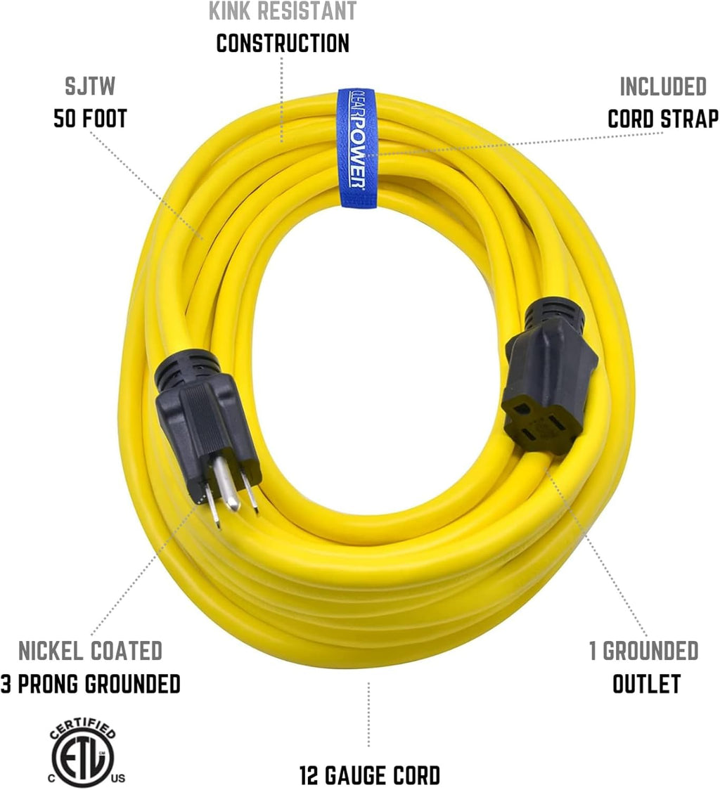 50 Ft 12/3 SJTW Heavy Duty Outdoor Extension Cord, Water & Weather Resistant, Flame Retardant, Yellow, 3 Prong Grounded Plug, CP10145