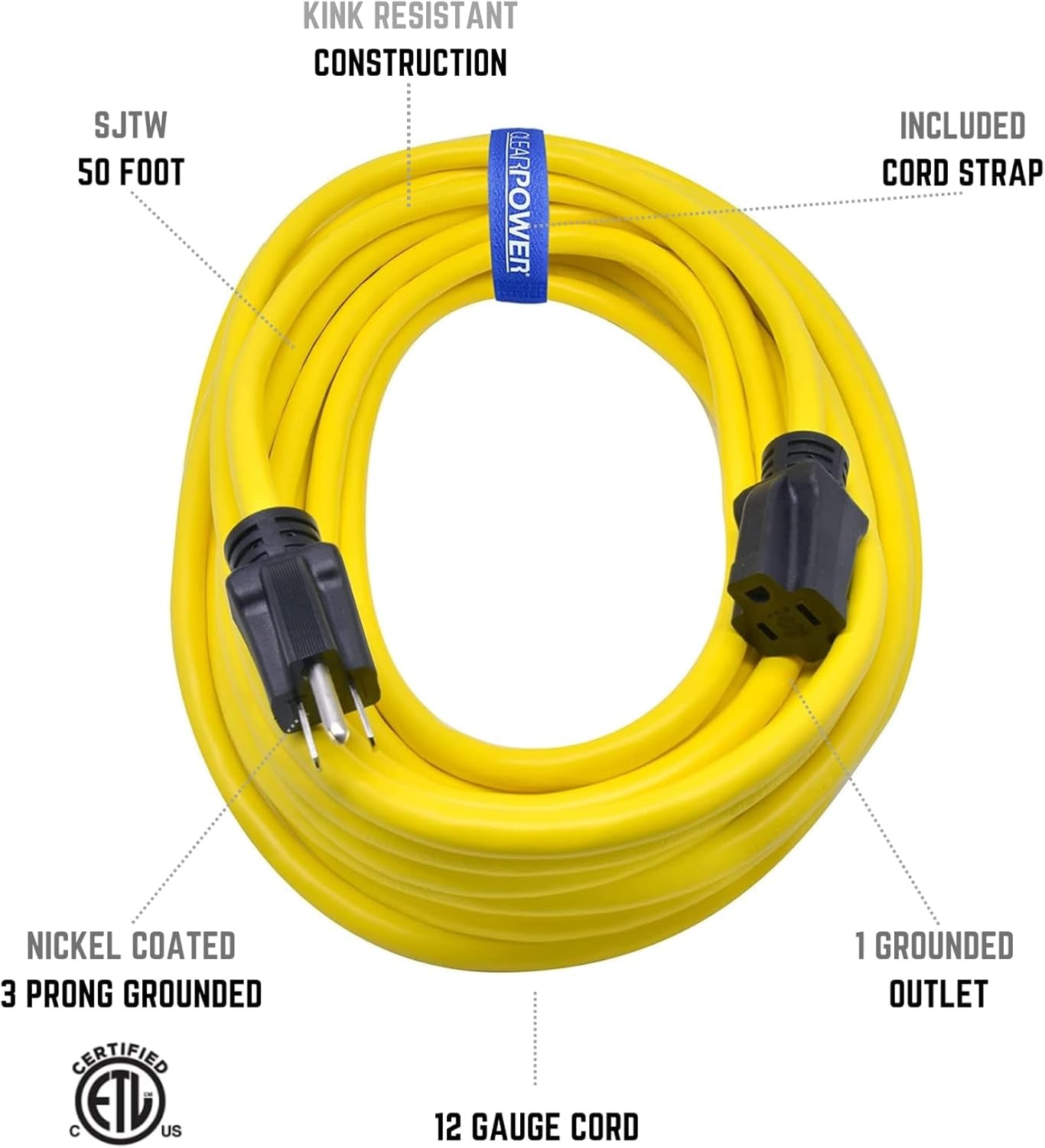 50 Ft 12/3 SJTW Heavy Duty Outdoor Extension Cord, Water & Weather Resistant, Flame Retardant, Yellow, 3 Prong Grounded Plug, CP10145