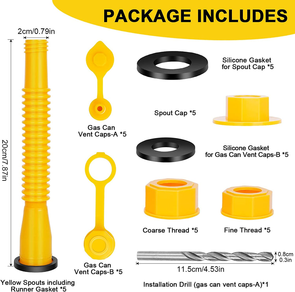 Gas Can Spout Replacement, Gas Can Nozzle, (5 Kit-Yellow) Flexible Pour Nozzle Suitable for Most 1/2/5/10 Gal Oil Cans, Fuel Can Spout Replacement