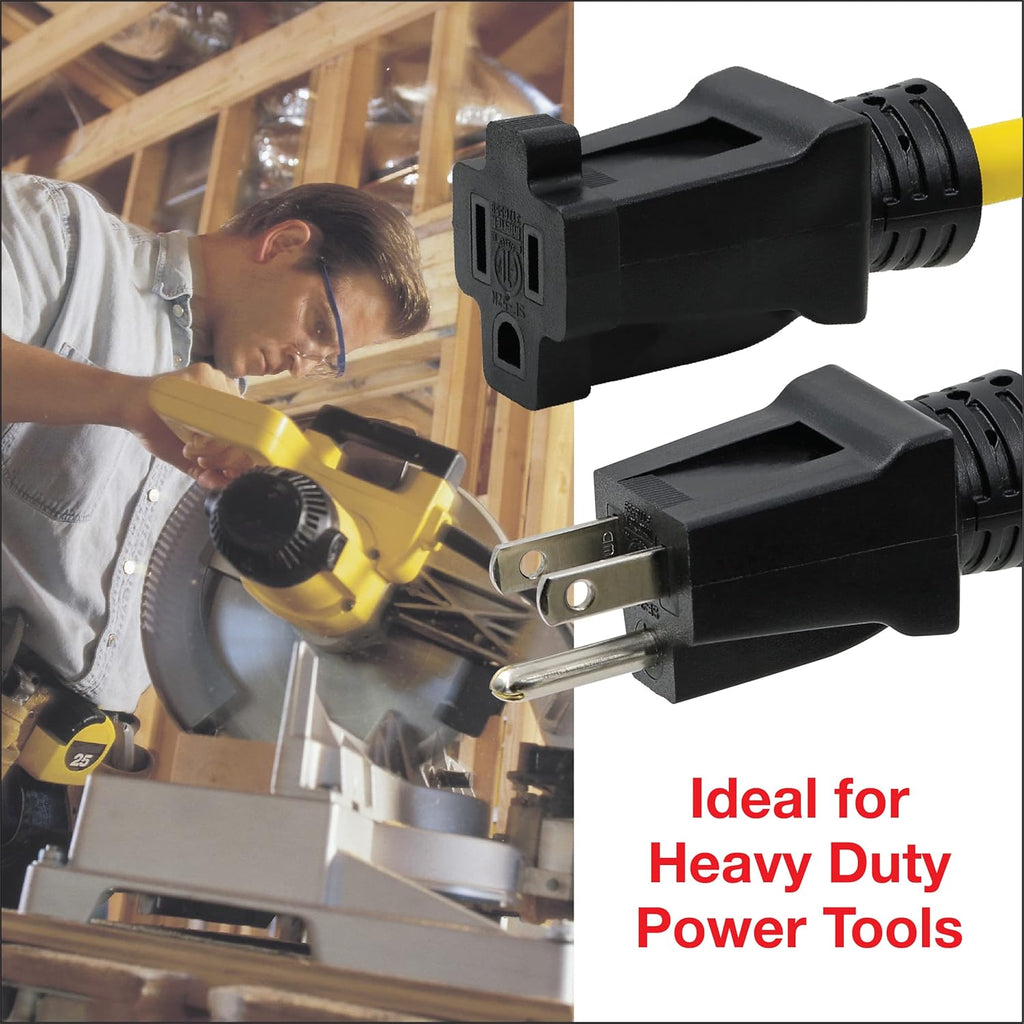 50 Ft 12/3 SJTW Heavy Duty Outdoor Extension Cord, Water & Weather Resistant, Flame Retardant, Yellow, 3 Prong Grounded Plug, CP10145