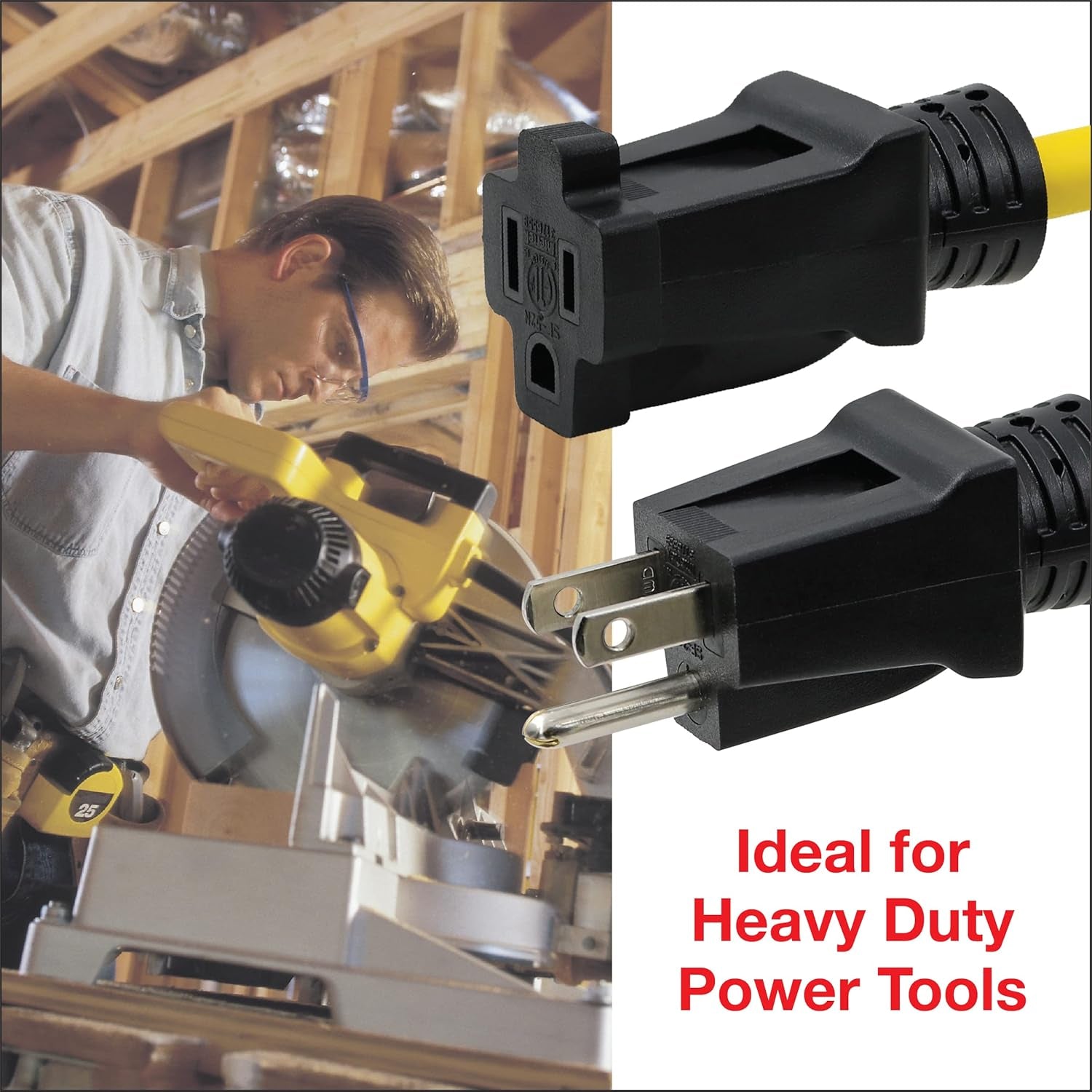 50 Ft 12/3 SJTW Heavy Duty Outdoor Extension Cord, Water & Weather Resistant, Flame Retardant, Yellow, 3 Prong Grounded Plug, CP10145