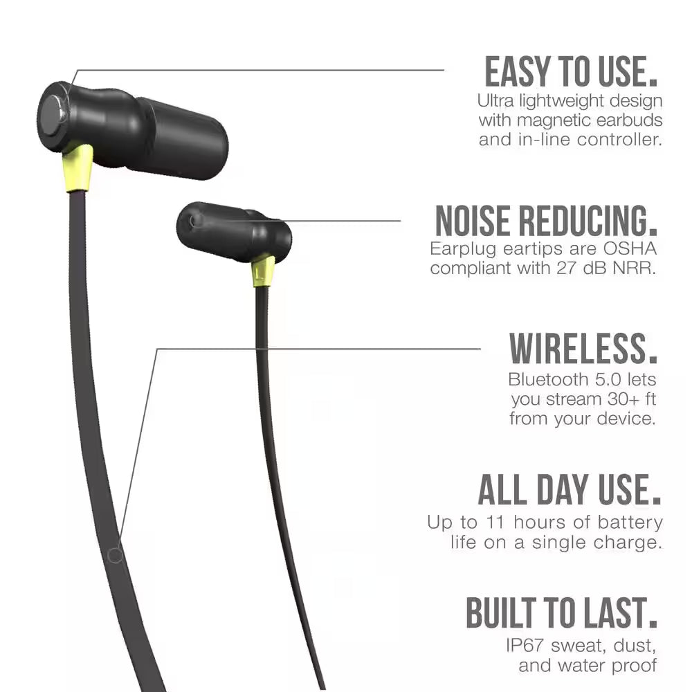XTRA 2.0 Bluetooth Hearing Protection Earbuds, 27 Db Noise Reduction Rating, OSHA Compliant Work Ear Protection (Yellow)