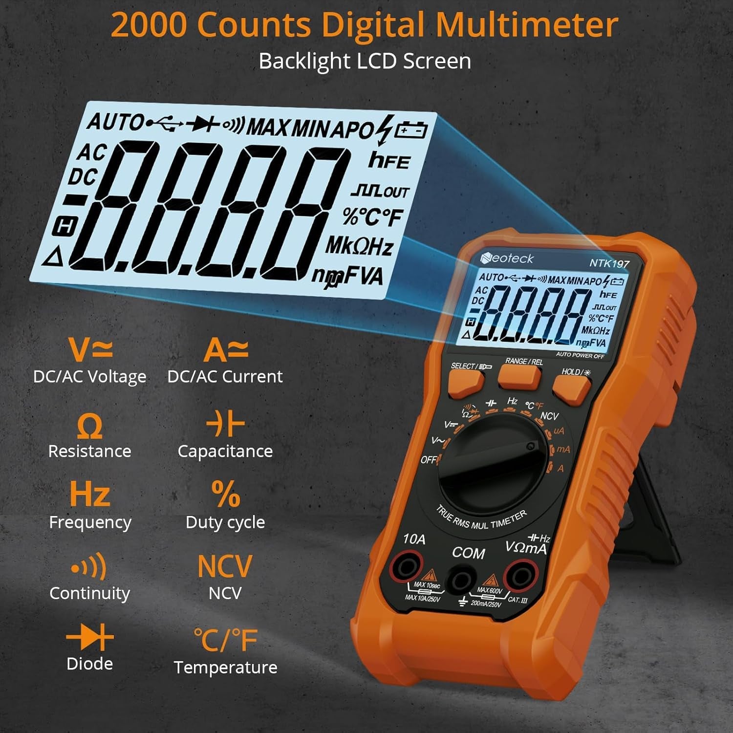 2000 Counts Digital Multimeter Voltmeter Tester with NCV, LCD for AC/DC Voltage&Current, Resistance, Capacitance, Live Wire, Frequency, Temperature, Duty Cycle, Continuity, Diode Measuring