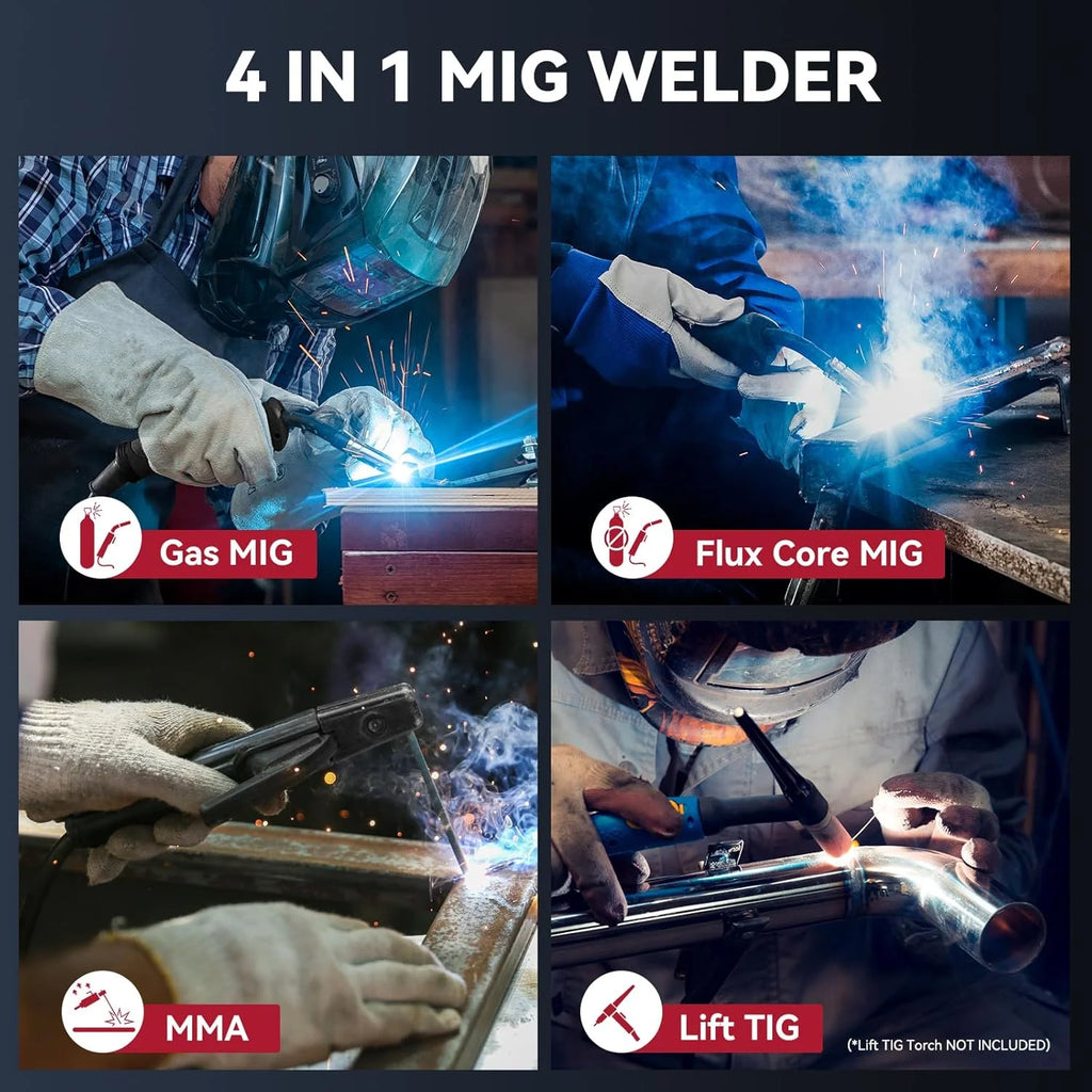 4-In-1Mig Welder, 160A Welder Machine 110V 220V, Flux Core Mig/Gas Mig/Lift TIG /Stick Welding Machine with Synergy, Multiprocess Gas MIG Welder Equipment