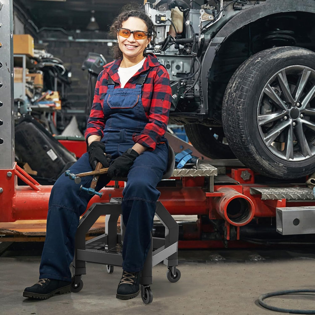 Rolling Garage Stool, 22.5”-27.5” Adjustable Mechanic Chair with Padded Seat, 330LBS Capacity, Tool Tray, Heavy Duty Creeper Seat, 360° Swivel Shop Stool for Workshop