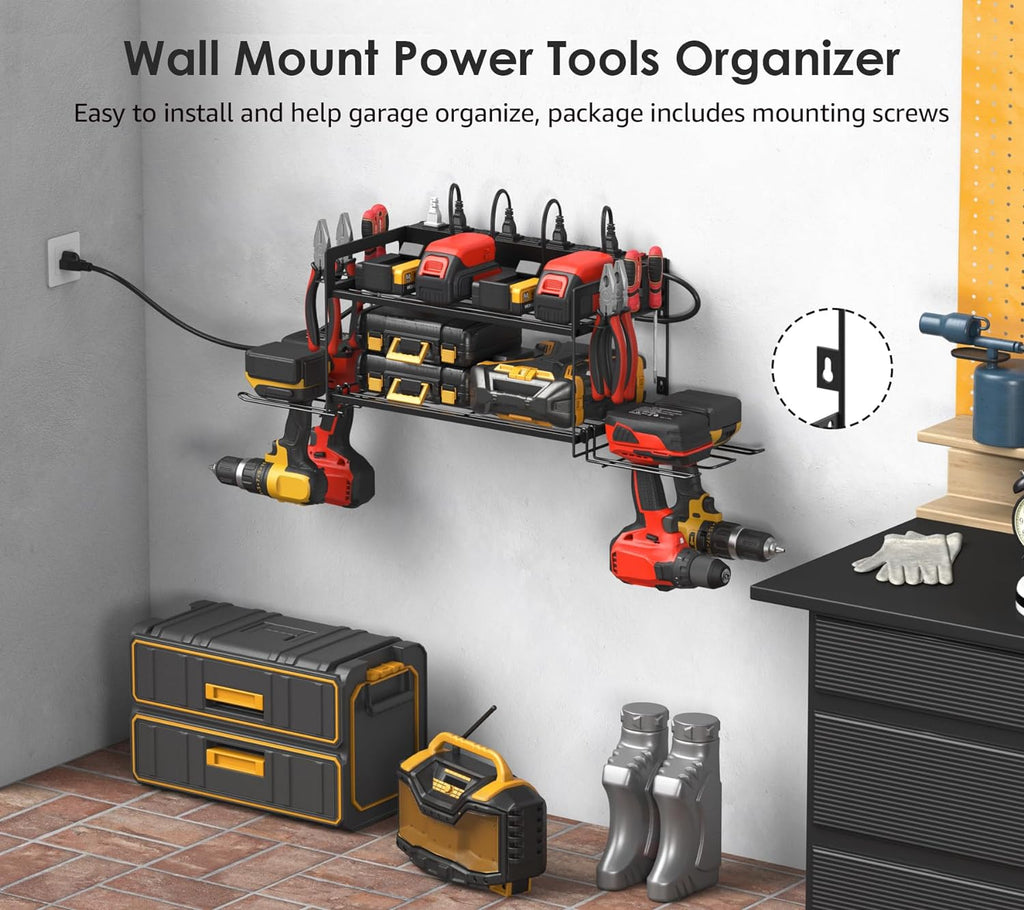Garage Tools Storage with Charging Station. Power Tool Battery Organizer Utility Shelf with Power Strip. 4 Drills Holder Wall Mount Rack, Black.