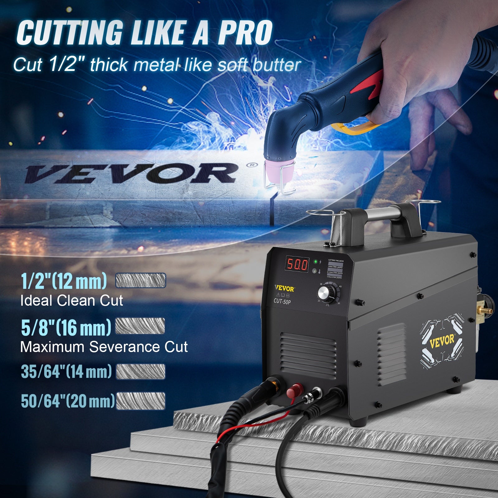VEVOR Plasma Cutter, 50Amp, Non-Touch Pilot Arc Air Cutting Machine with Torch, 110V 220V Dual Voltage AC IGBT Inverter Metal Cutting Equipment for Clean Cut Aluminum and Stainless Steel, Black
