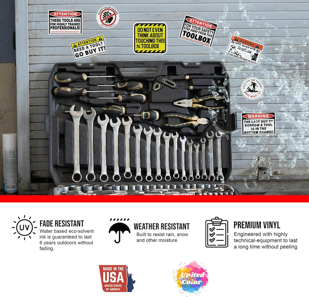 Funny Tool Box Stickers and Decals (8 Pack) - Strong Adhesive Waterproof Funnytool Warning Stickers - No Fade, Used for Tool Box, Helmet, Hard Hat, Laptop, Water Bottle