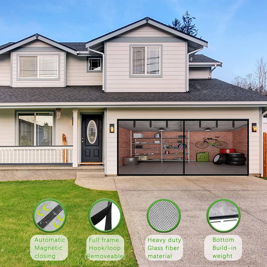 Magnetic Garage Screen Door 16X7Ft for 2 Car Garage Doors - Fiberglass Garage Screen Cover Kit Garage Door Curtain,Stronger High Energy Magnets,Hands Free Magnetic Screen Door (A-16 * 7FT)
