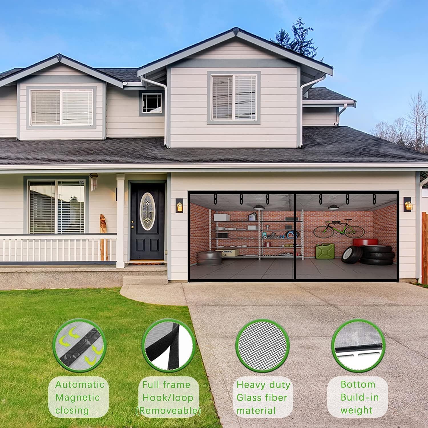 Magnetic Garage Screen Door 16X7Ft for 2 Car Garage Doors - Fiberglass Garage Screen Cover Kit Garage Door Curtain,Stronger High Energy Magnets,Hands Free Magnetic Screen Door (A-16 * 7FT)
