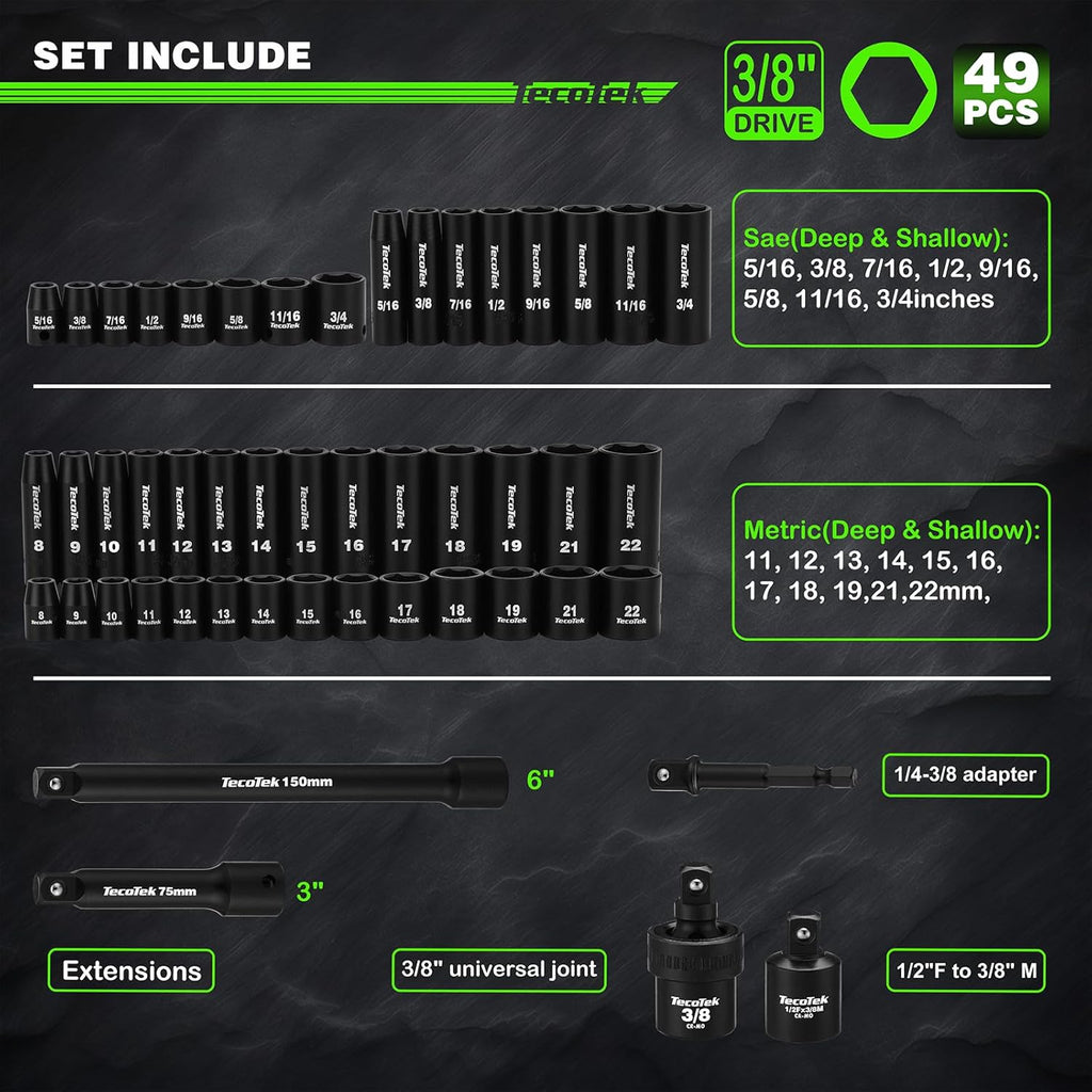 3/8" Drive Impact Socket Set, 49-Piece SAE (5/16"-3/4") and Metric (8Mm-22Mm), 6 Point, Cr-V, Extension Bars, 1/2" F to 3/8" M Reducer, Universal Joint and Power Drill Adapter