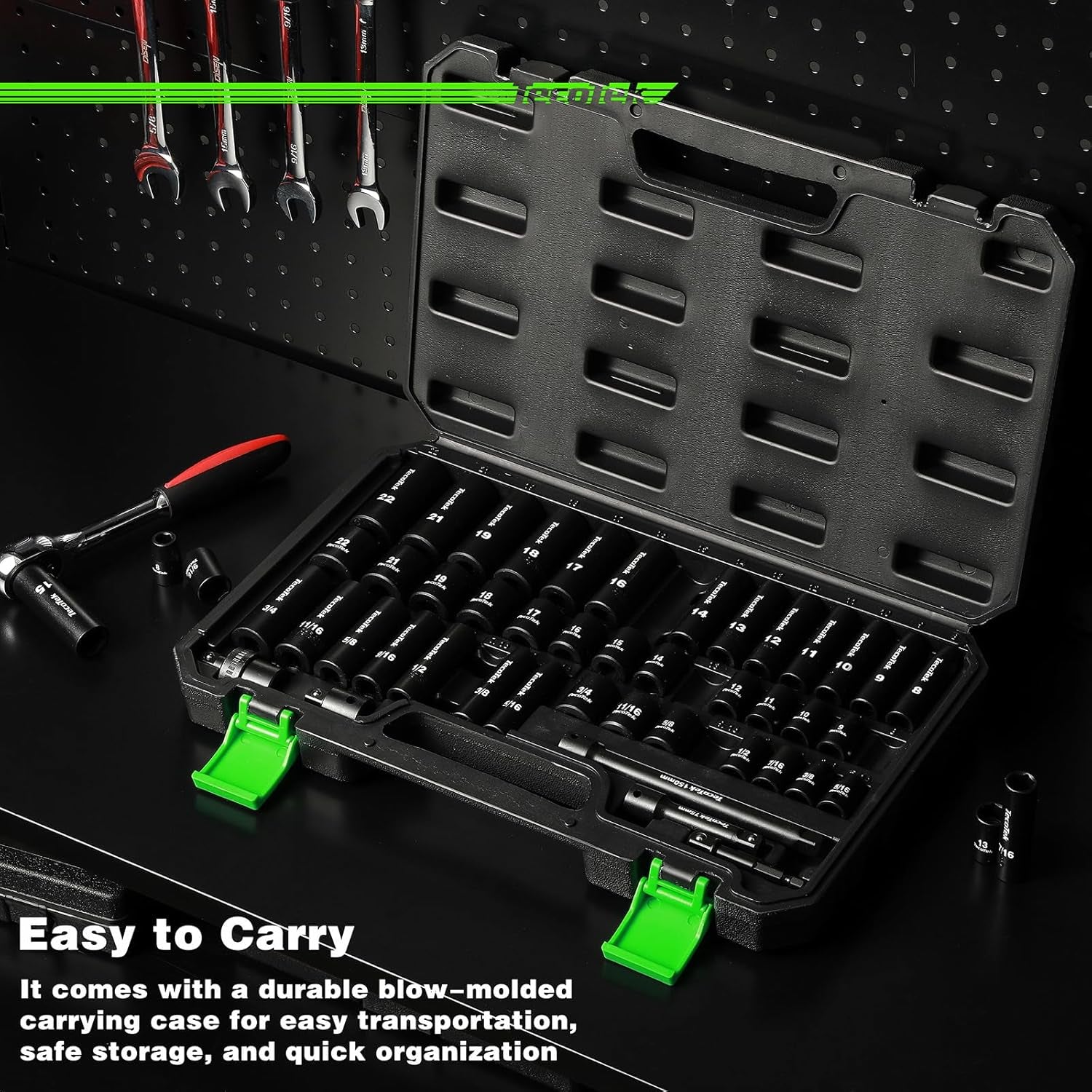 3/8" Drive Impact Socket Set, 49-Piece SAE (5/16"-3/4") and Metric (8Mm-22Mm), 6 Point, Cr-V, Extension Bars, 1/2" F to 3/8" M Reducer, Universal Joint and Power Drill Adapter