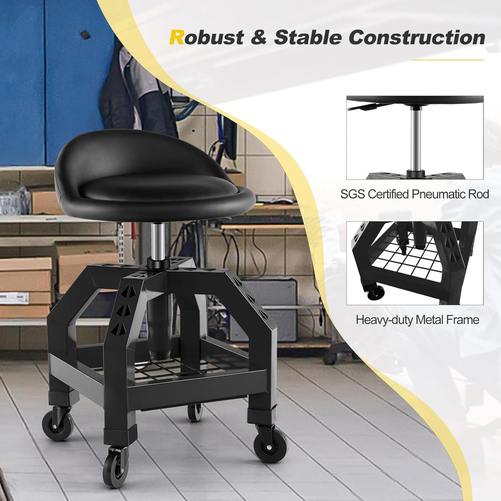 Rolling Garage Stool, 22.5”-27.5” Adjustable Mechanic Chair with Padded Seat, 330LBS Capacity, Tool Tray, Heavy Duty Creeper Seat, 360° Swivel Shop Stool for Workshop