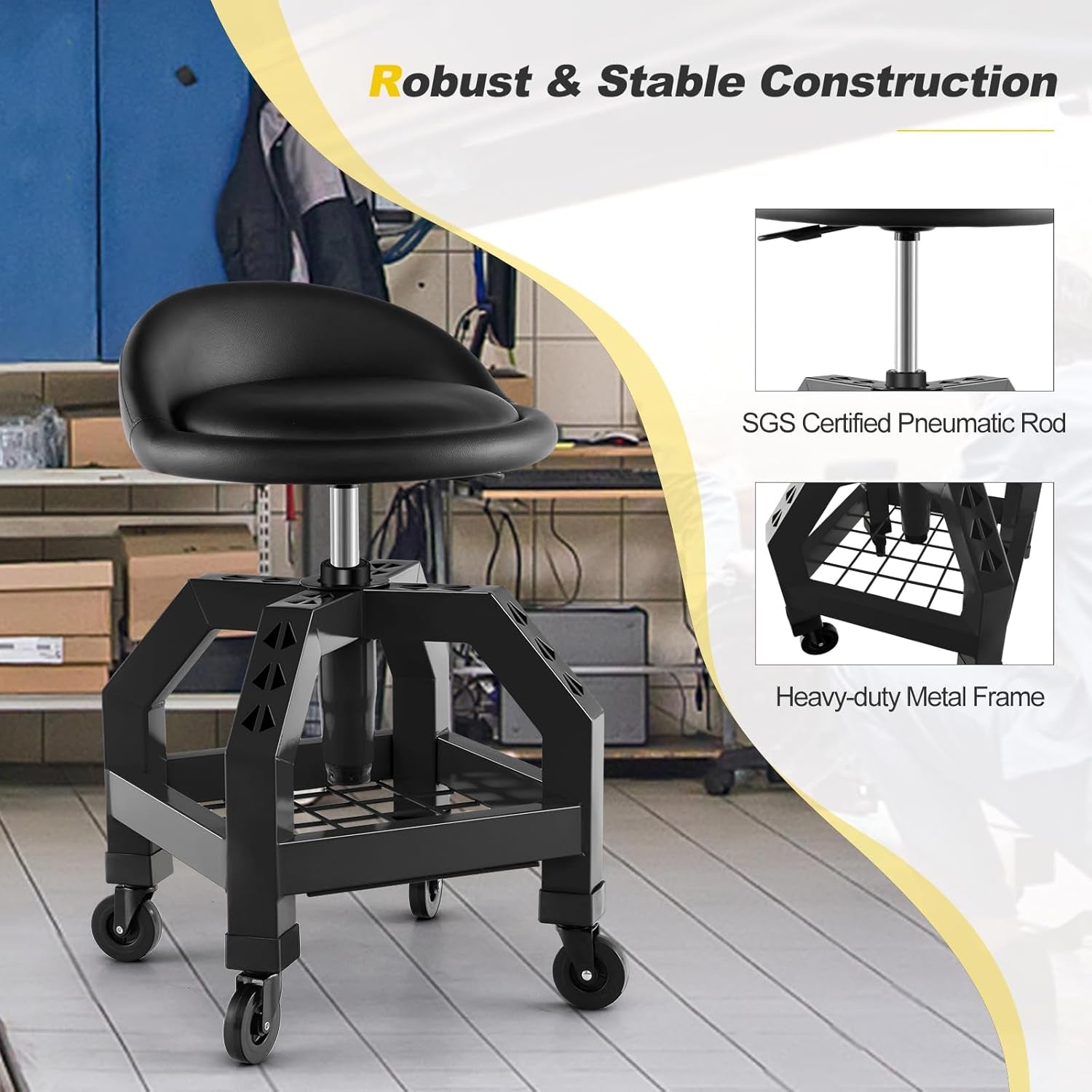 Rolling Garage Stool, 22.5”-27.5” Adjustable Mechanic Chair with Padded Seat, 330LBS Capacity, Tool Tray, Heavy Duty Creeper Seat, 360° Swivel Shop Stool for Workshop
