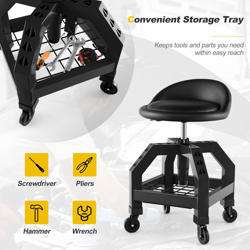 Rolling Garage Stool, 22.5”-27.5” Adjustable Mechanic Chair with Padded Seat, 330LBS Capacity, Tool Tray, Heavy Duty Creeper Seat, 360° Swivel Shop Stool for Workshop