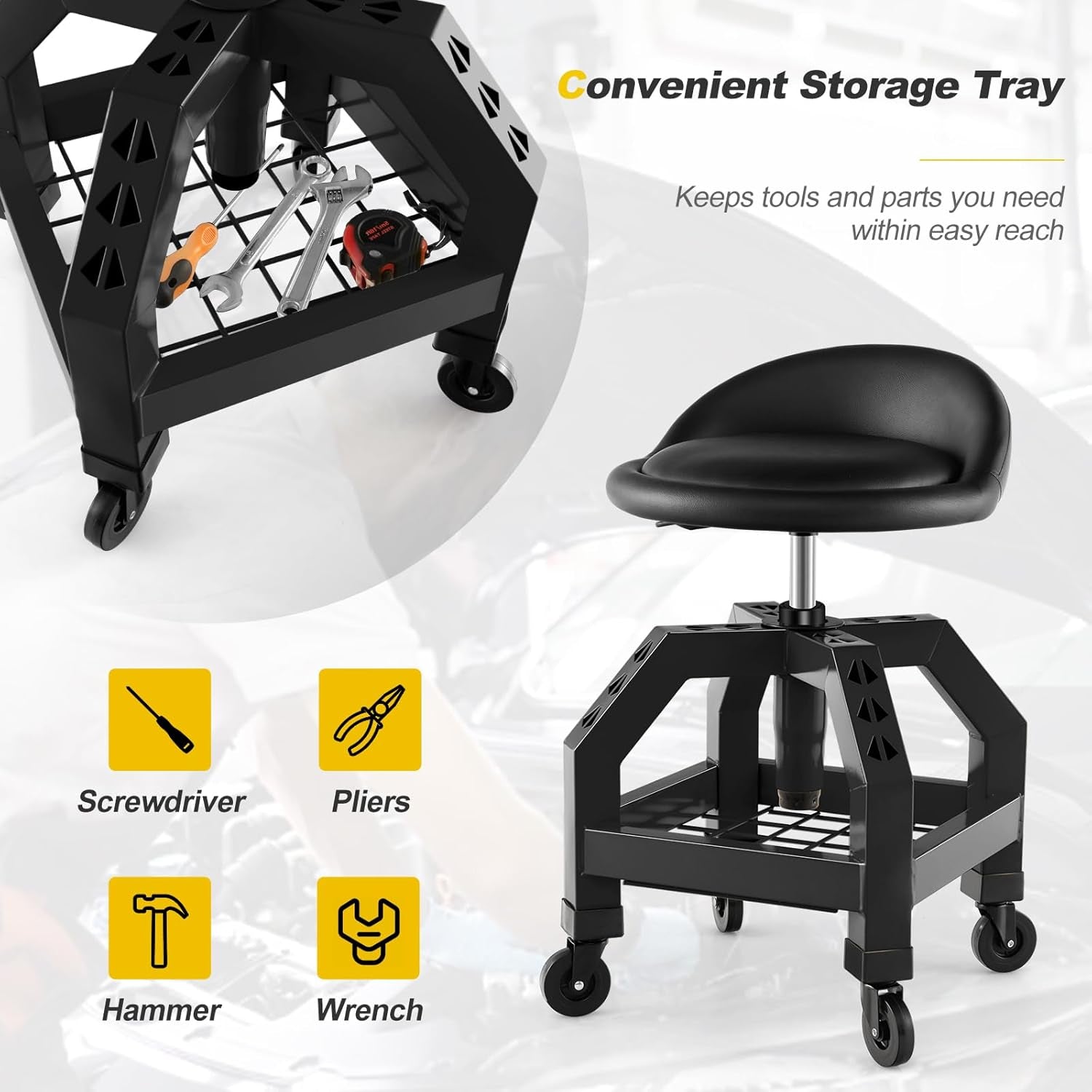 Rolling Garage Stool, 22.5”-27.5” Adjustable Mechanic Chair with Padded Seat, 330LBS Capacity, Tool Tray, Heavy Duty Creeper Seat, 360° Swivel Shop Stool for Workshop